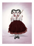 Gothic art print features conjoined twin girls with a needle and thread.