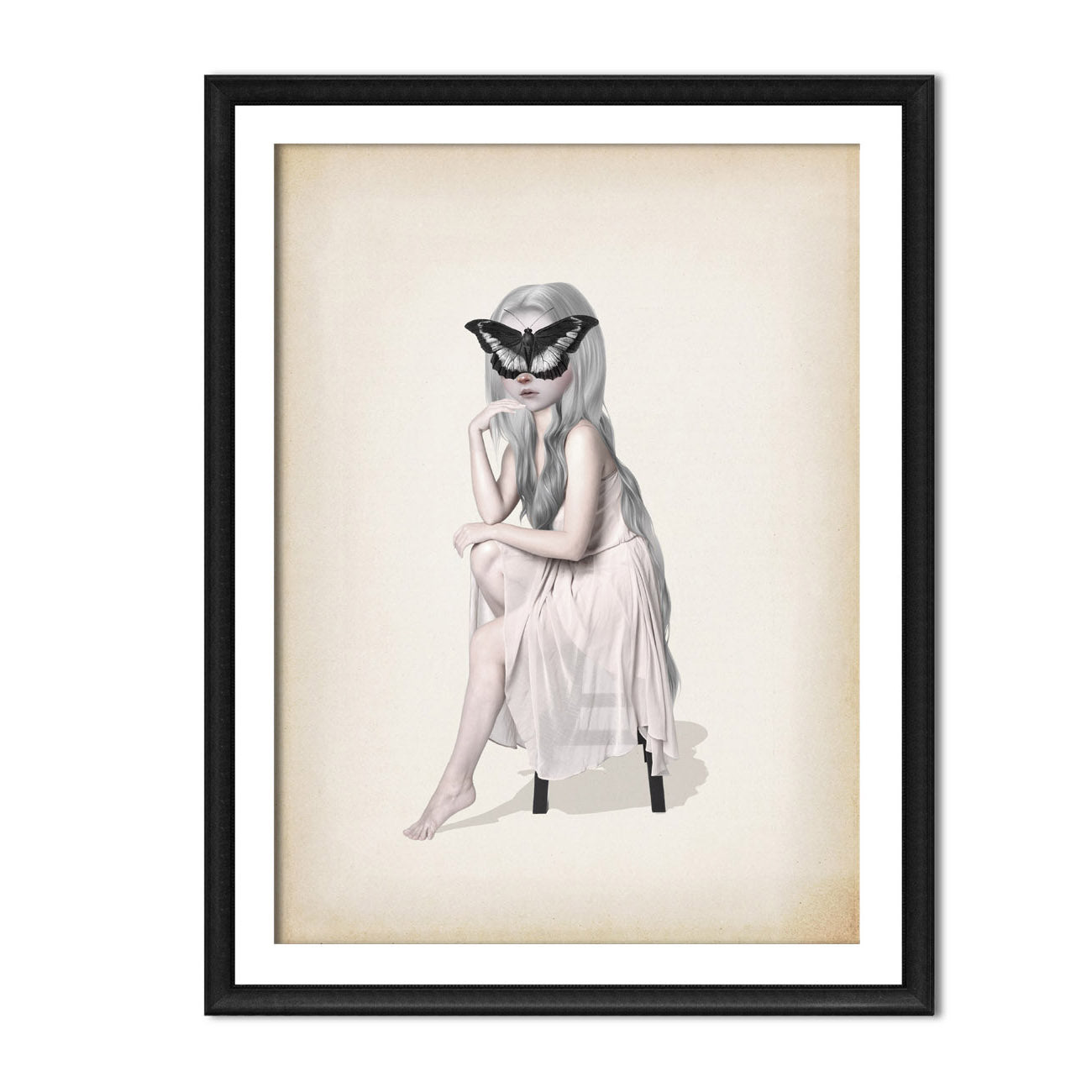 Contemporary Art Print depicts a dreamy girl in a flowing white dress, with a giant butterfly delicately resting on her face. 