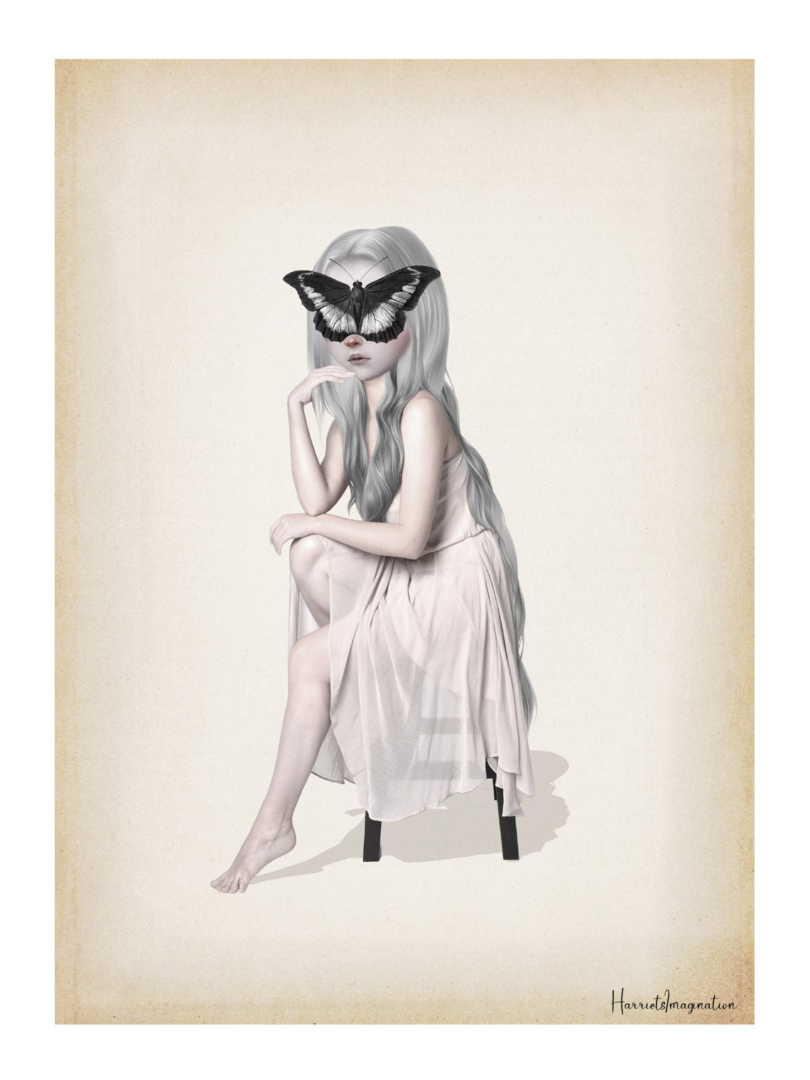 Surreal Art Print depicts a dreamy girl in a flowing white dress, with a giant butterfly delicately resting on her face. 