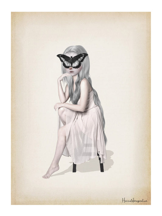 Surreal Art Print depicts a dreamy girl in a flowing white dress, with a giant butterfly delicately resting on her face. 