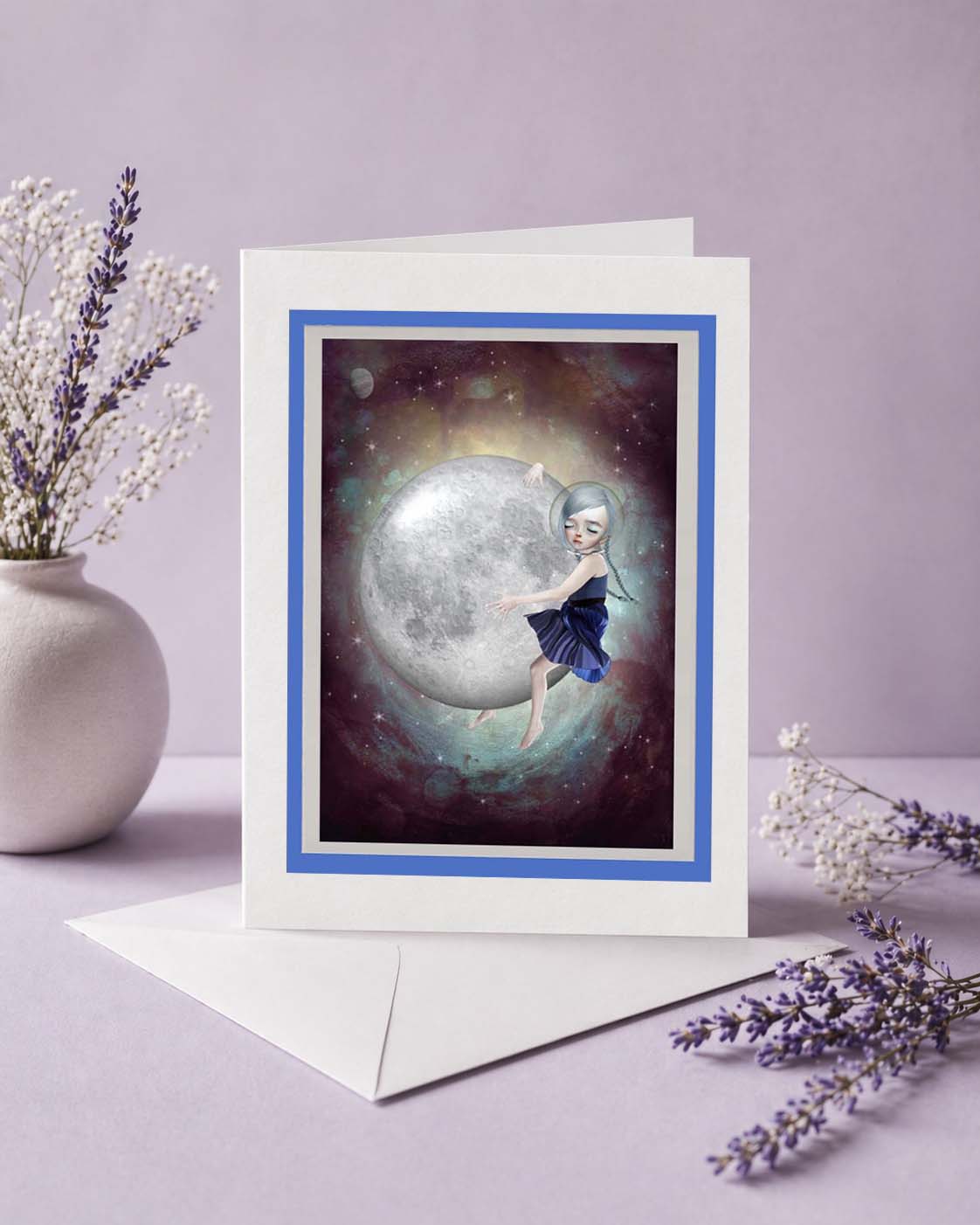 Greeting card with a girl hugging moon design on a purple background with flowers.