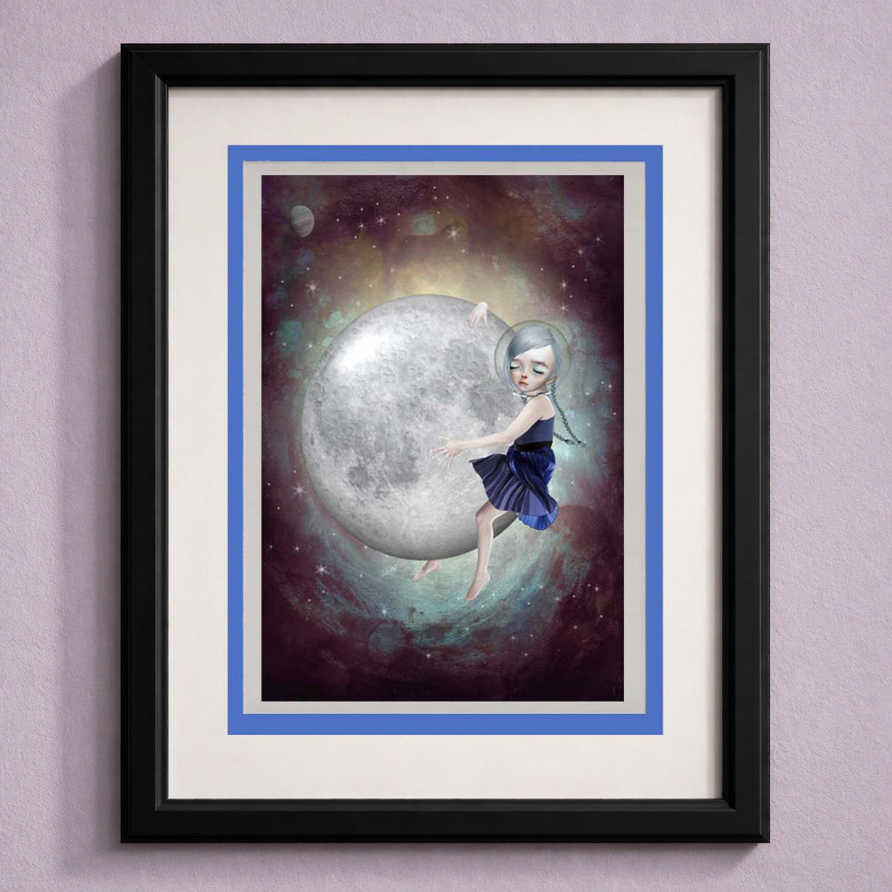 Framed art greeting card of a girl hugging the moon with a cosmic background
