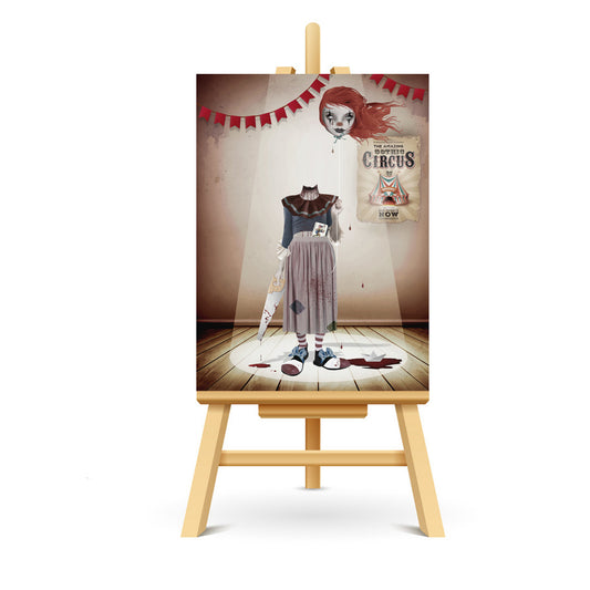 Creepy clown ACEO art displayed on a stand. Creepy cute miniature art print showcasing gothic style.