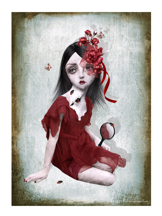 Art print of a girl with cracked porcelain skin, with bugs crawling out from the cracks.