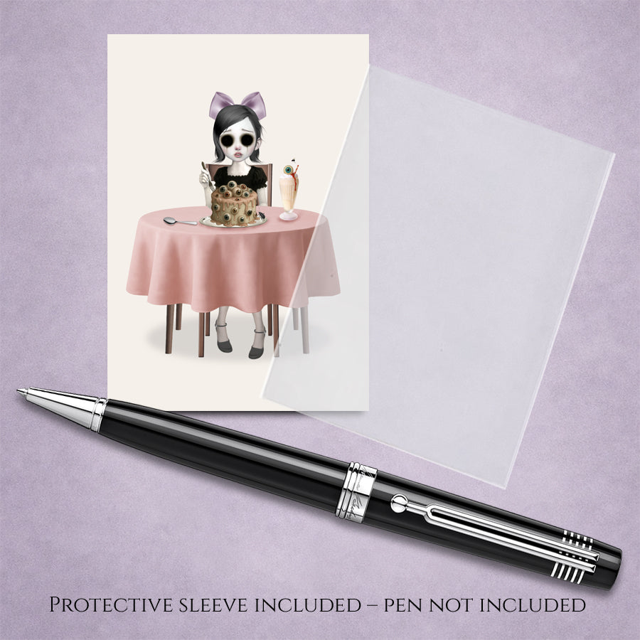 Creepy Cute Eyeball ACEO Card with cello sleeve and pen for display.