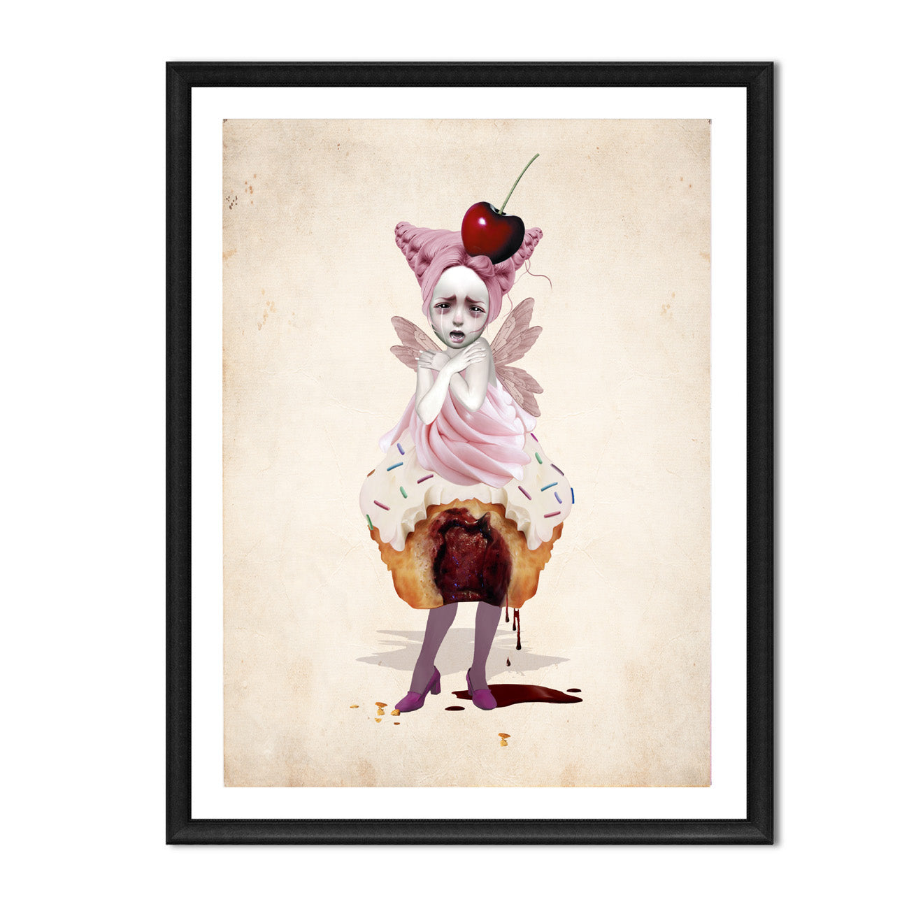 Fairy Cake ACEO card framed, showcasing whimsical, dark fairy and cake-themed artwork in a sleek frame.