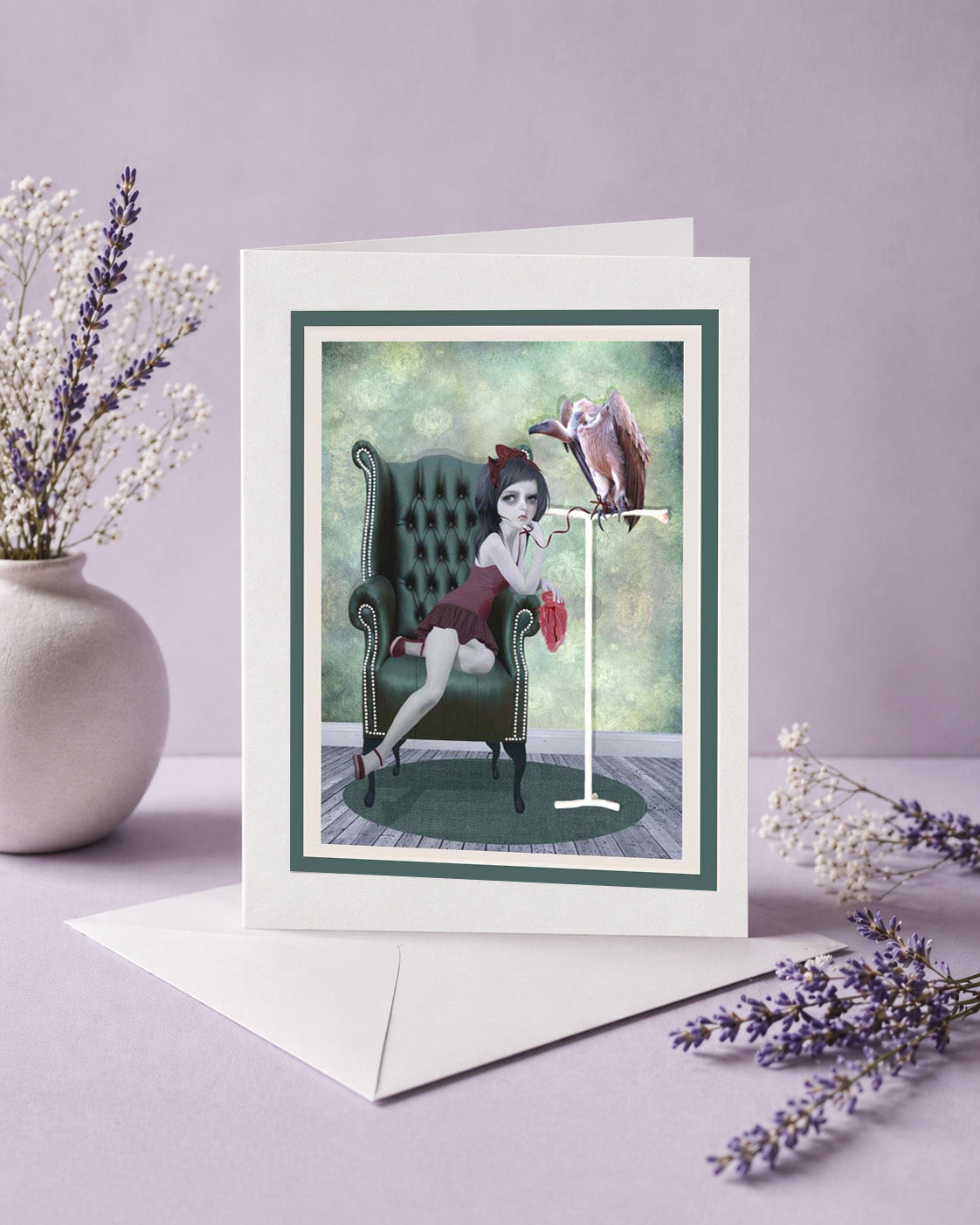 Art greeting card featuring a dark surrealism illustration of a girl, a vulture, and raw meat.