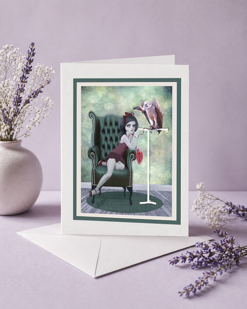 Art greeting card featuring a dark surrealism illustration of a girl, a vulture, and raw meat.
