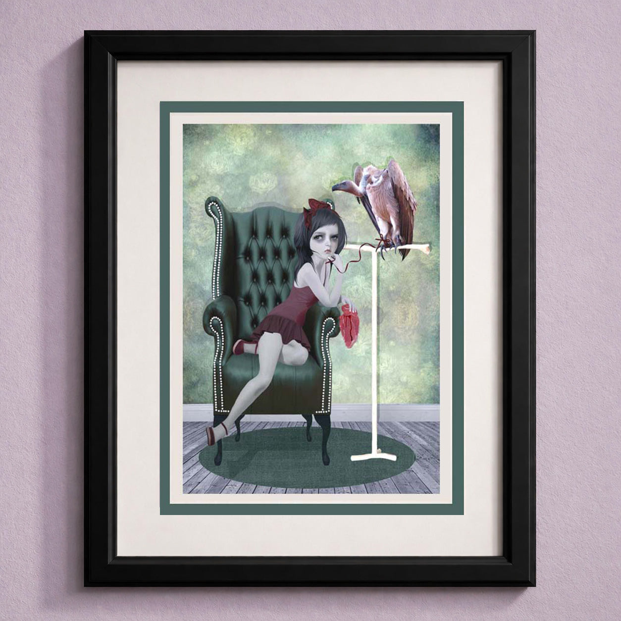 Art greeting card In A Frame featuring a dark surrealism illustration of a girl, a vulture, and raw meat. Includes a premium white mailing envelope.
