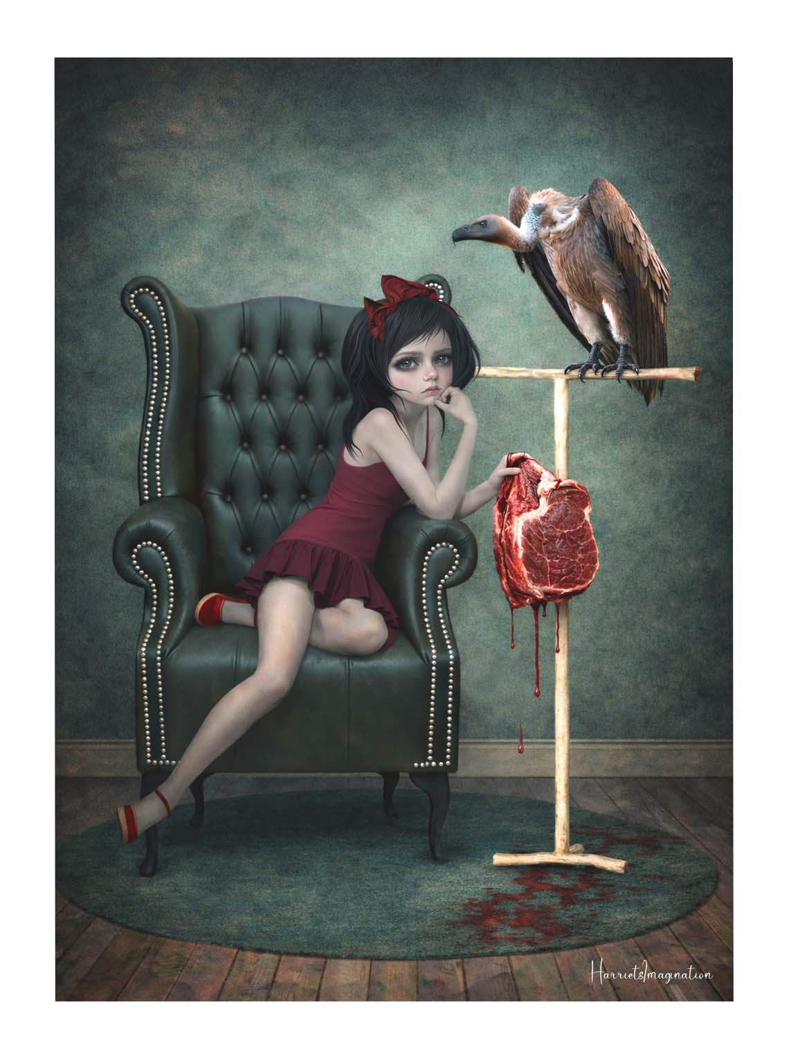 dark surrealism illustration of a girl in a red dress offering her pet vulture raw meat.