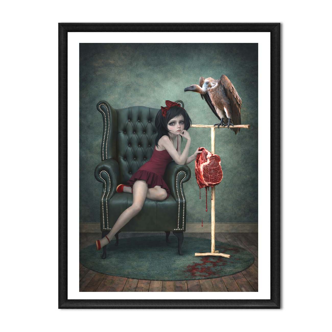 Framed artwork of a girl in a red dress sitting on a green chair with a bird and raw meat on a stand.