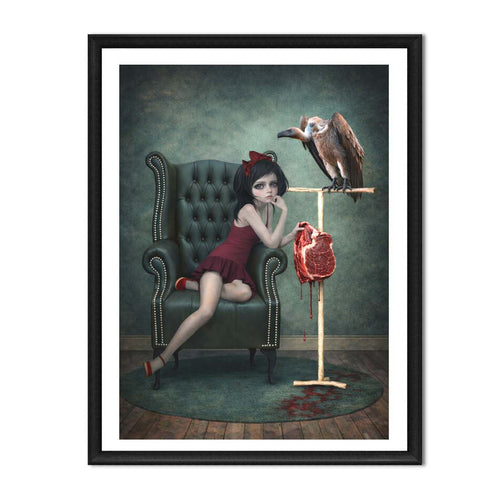 Framed artwork of a girl in a red dress sitting on a green chair with a bird and raw meat on a stand.