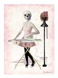 Skeleton character ironing a human skin suit on a pink background.