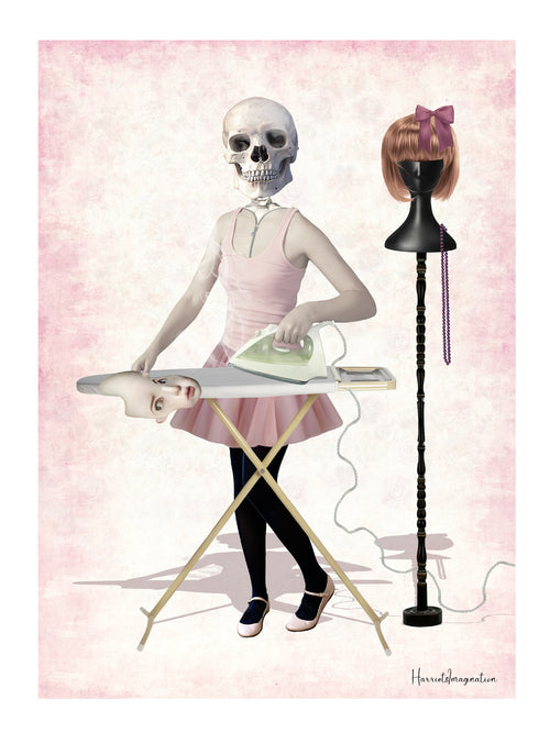 Skeleton character ironing a human skin suit on a pink background.