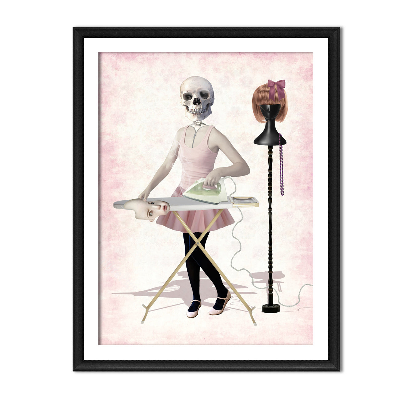 Framed artwork of a skeleton ironing human skin suit on a pink background