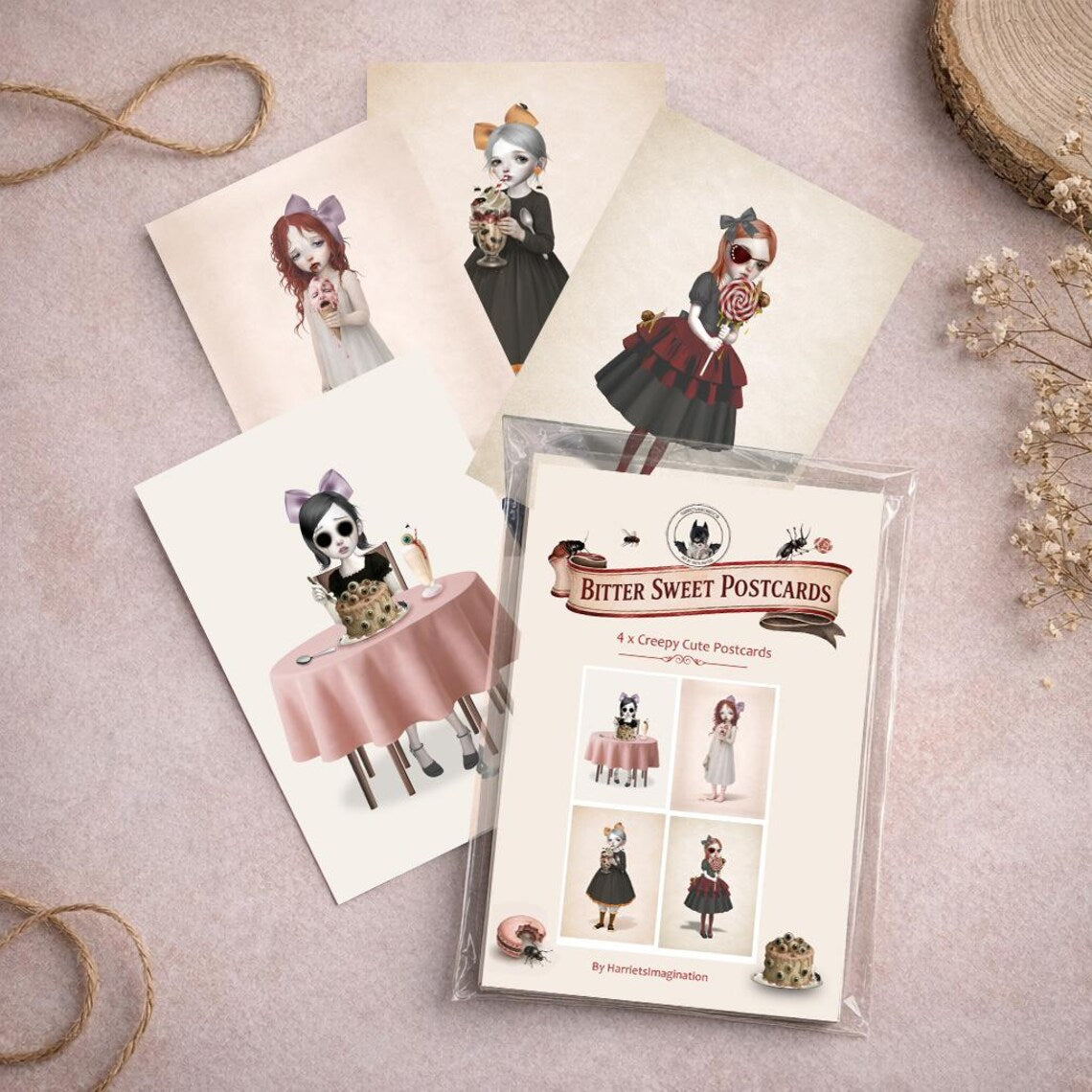 Creepy Cute Sweet Treats Postcard Set featuring 4 x pop surrealism creepy cute food related art postcards.