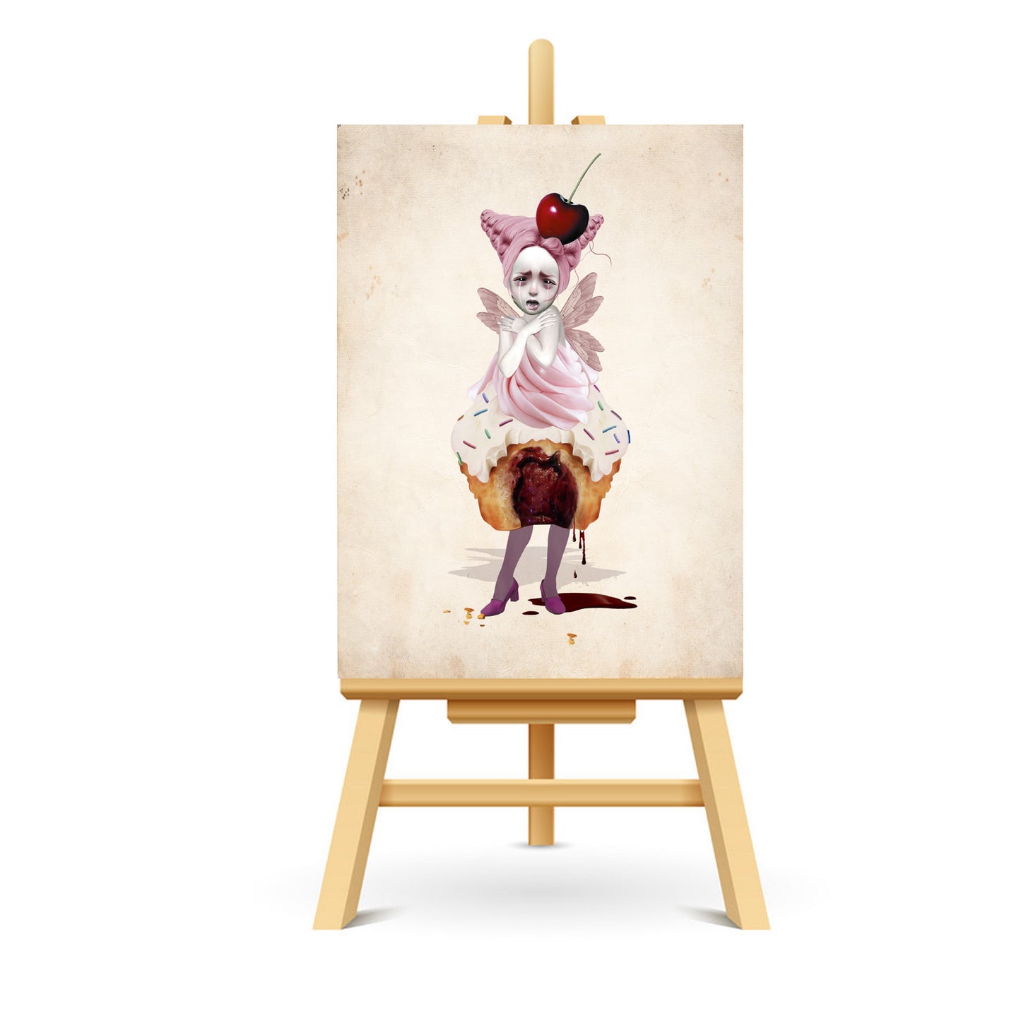 ACEO card featuring a creepy cute fairy cake design, displayed on a stand. The artwork shows a whimsical, dark fairy with cake elements, adding a unique touch to any collection.