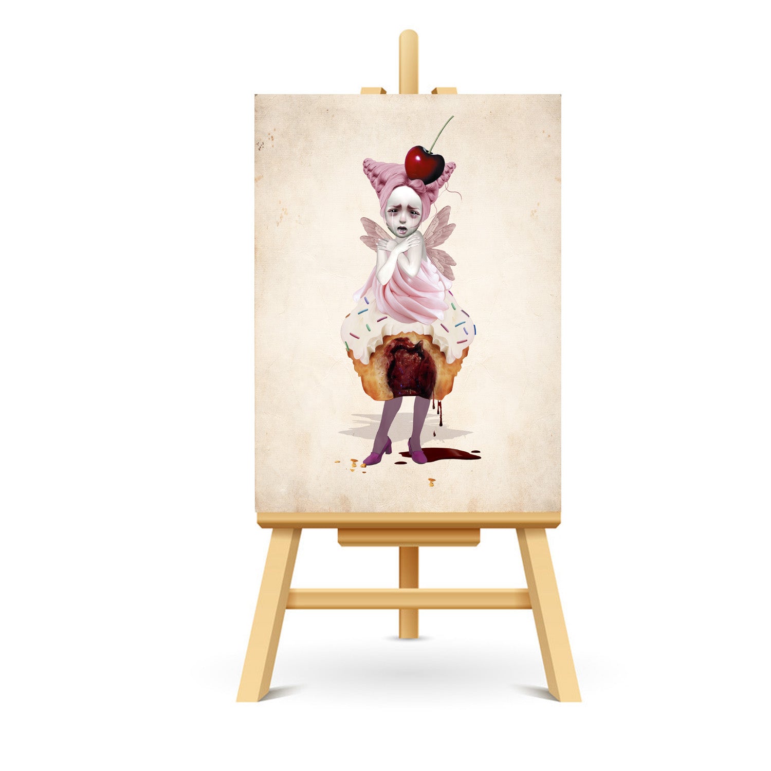 ACEO card featuring a creepy cute fairy cake design, displayed on a stand. The artwork shows a whimsical, dark fairy with cake elements, adding a unique touch to any collection.
