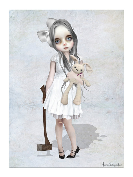 Unframed art print of a girl with an axe and toy bunny, capturing a sense of emotion and depth in a surreal dark fantasy style
