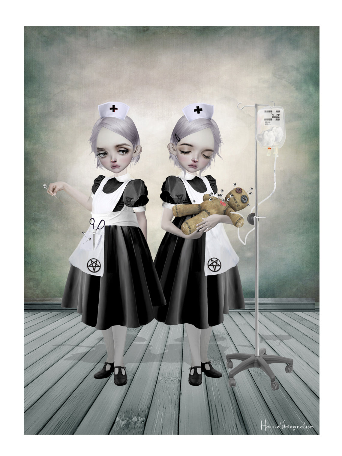 Two identical figures in nurse outfits, one holding a voodoo doll and the other with an IV stand, on a wooden floor.