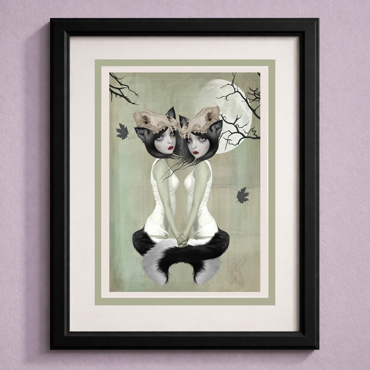 Framed creepy twin sisters werewolf greeting card. Featuring a gothic moonlight transformation scene .