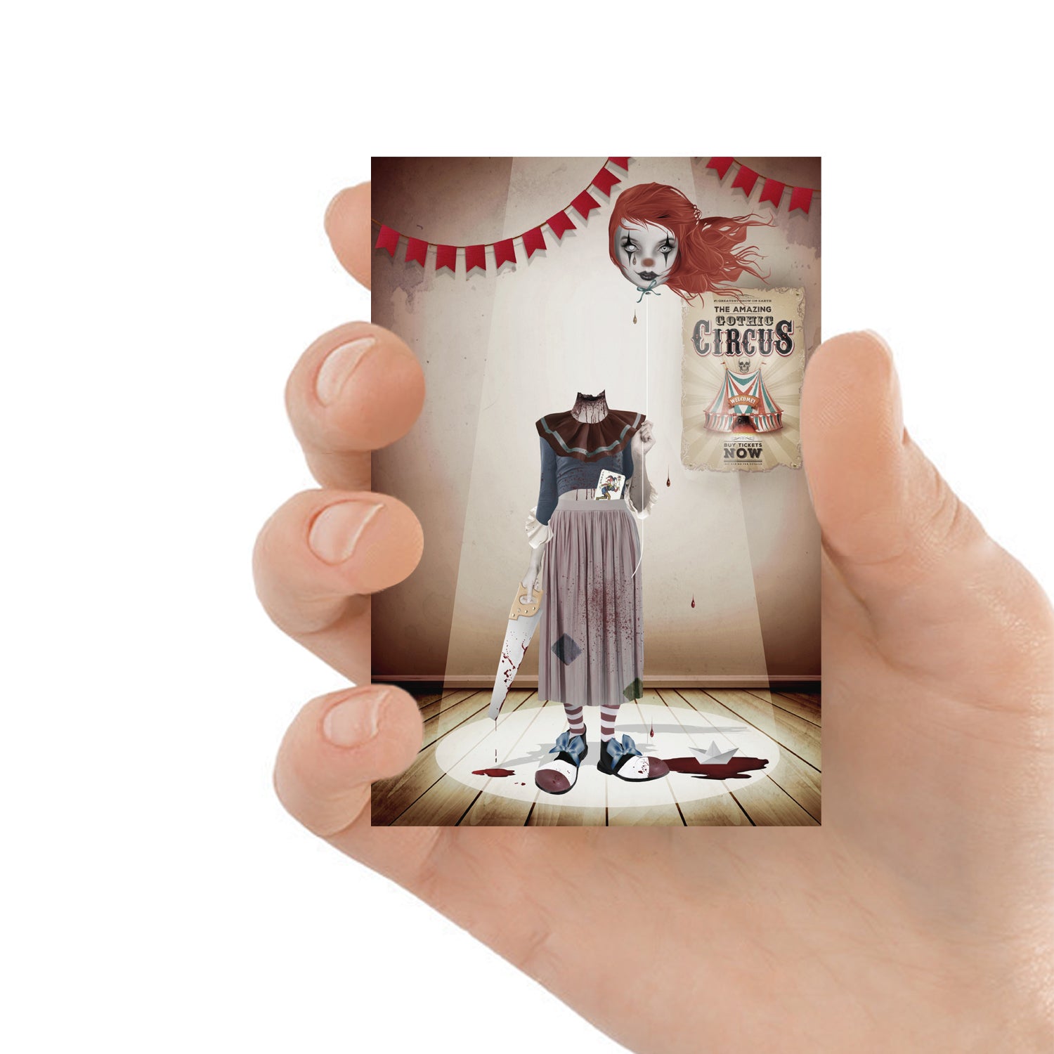 ACEO art card featuring a creepy headless clown, held in hand—creepy cute gothic art style with dark, whimsical elements.