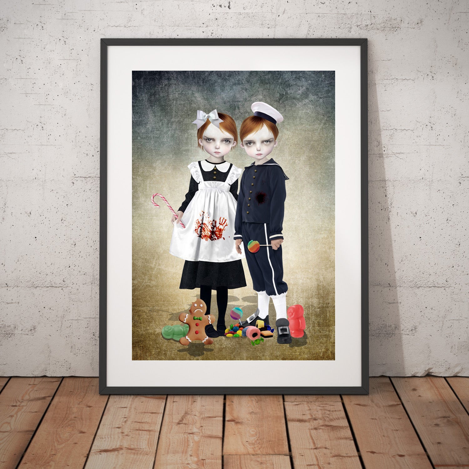 Creepy cute Fairy tale art print features a creepy and compelling depiction of the infamous villains, Hansel and Gretel. With a darkly whimsical tone.