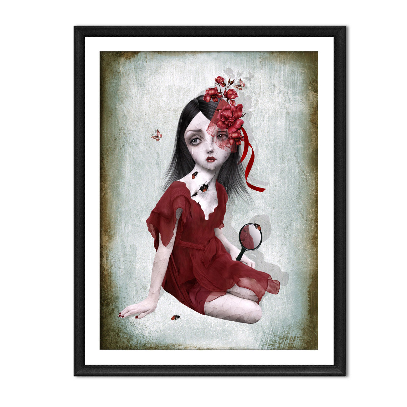 Framed art print of a girl with cracked porcelain skin, with bugs crawling out from the cracks. 