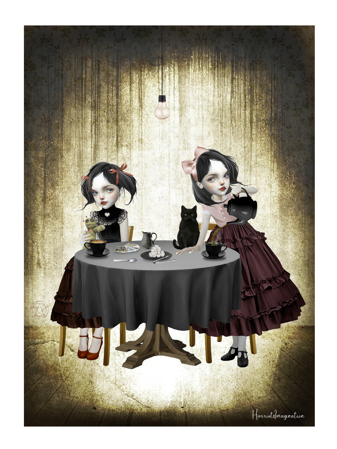 creepy cute art print features two eerie yet adorable twin sisters, their wide eyes gleaming with playful mischief as they enjoy a tea party surrounded by tarot cards. 