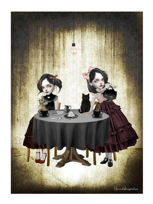 creepy cute art print features two eerie yet adorable twin sisters, their wide eyes gleaming with playful mischief as they enjoy a tea party surrounded by tarot cards. 