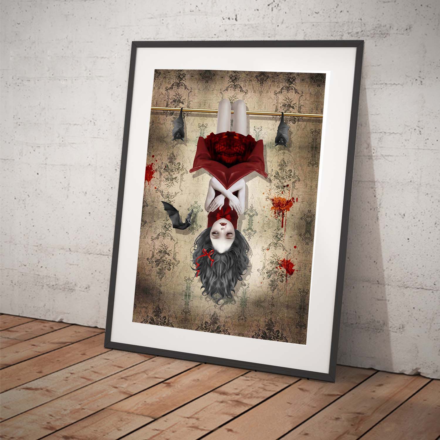 Creepy cute  art print features a vampire girl hanging upside down in the belfry with her loyal bats by her side.