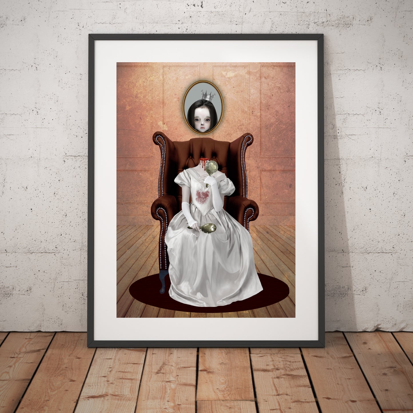 Crrepy cute Art Print. This haunting piece features a headless lady, gripping a hand mirror, while her portrait looms above