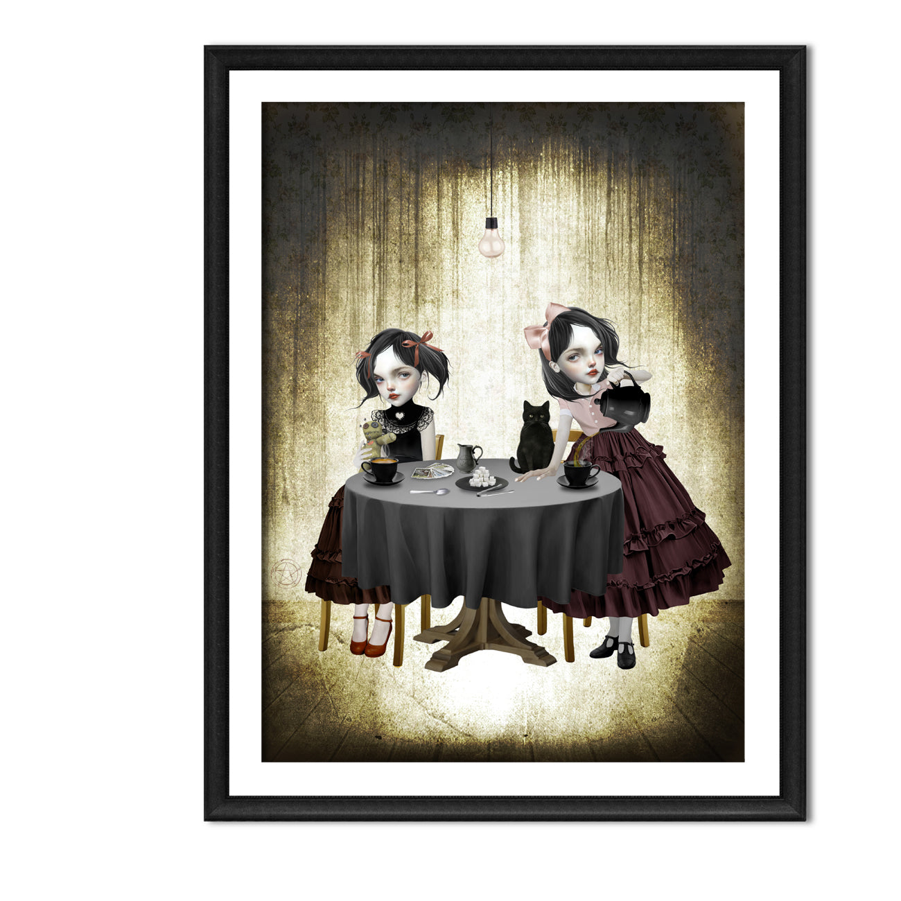 Framed creepy cute art print features two eerie yet adorable twin sisters, enjoying a tea party surrounded by tarot cards. 