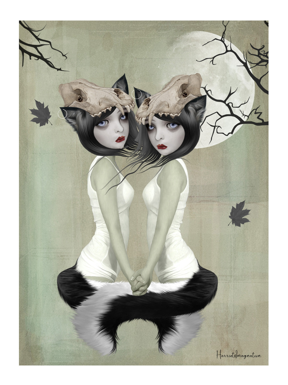 Creepy twin sisters werewolf art print. Capturing a gothic transformation scene, 