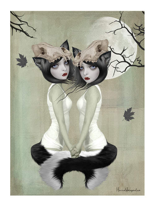 Creepy twin sisters werewolf art print. Capturing a gothic transformation scene, 