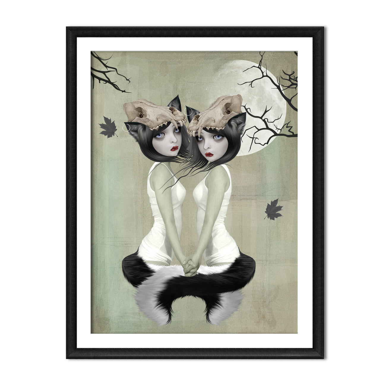 Framed artwork of twin sisters with wolf like features sitting in a meditative pose against a moonlit sky.