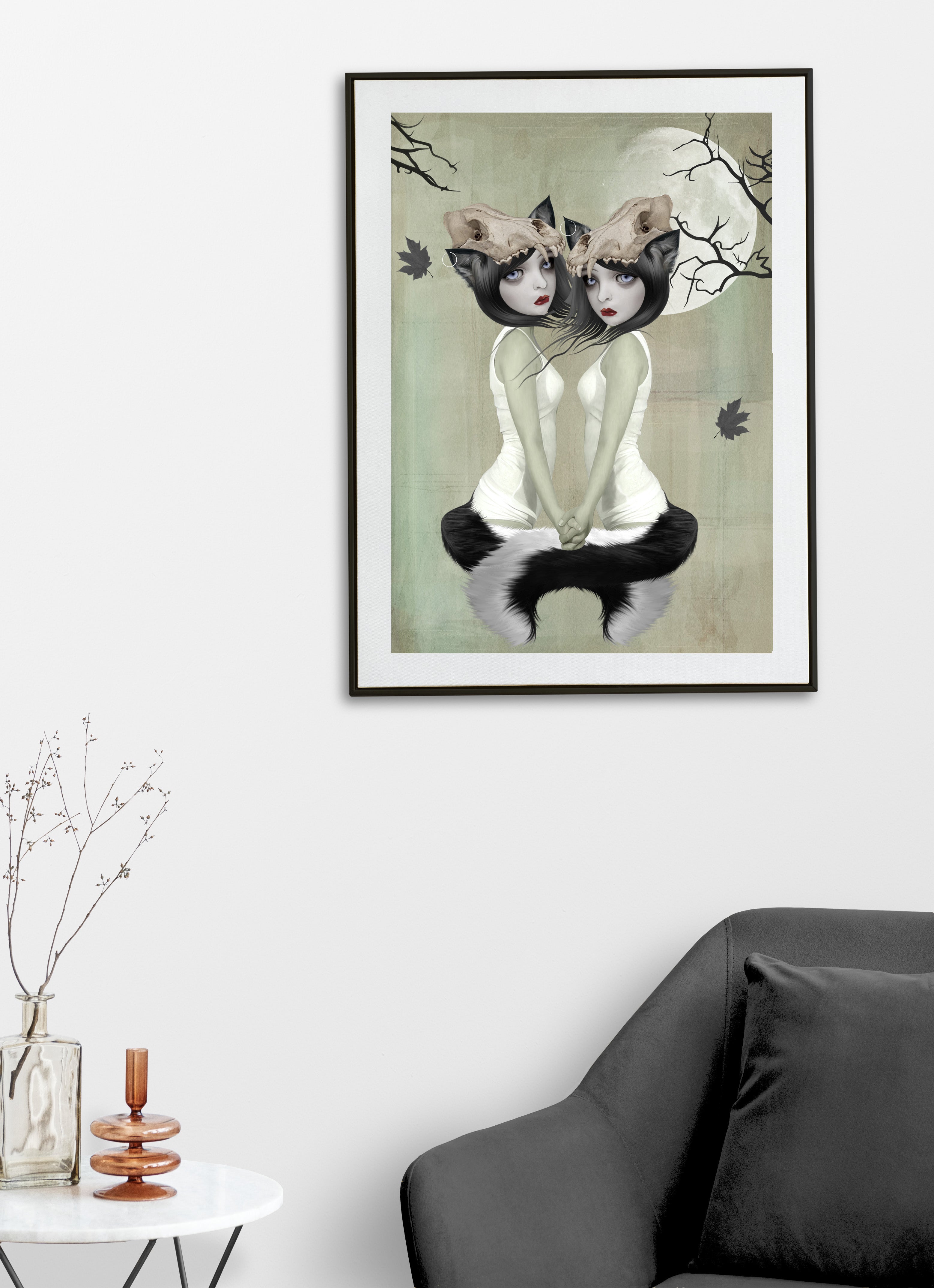 creepy twin sisters werewolf art print. Capturing a gothic transformation scene, this dark whimsy pop surrealism print is perfect for occult decor.