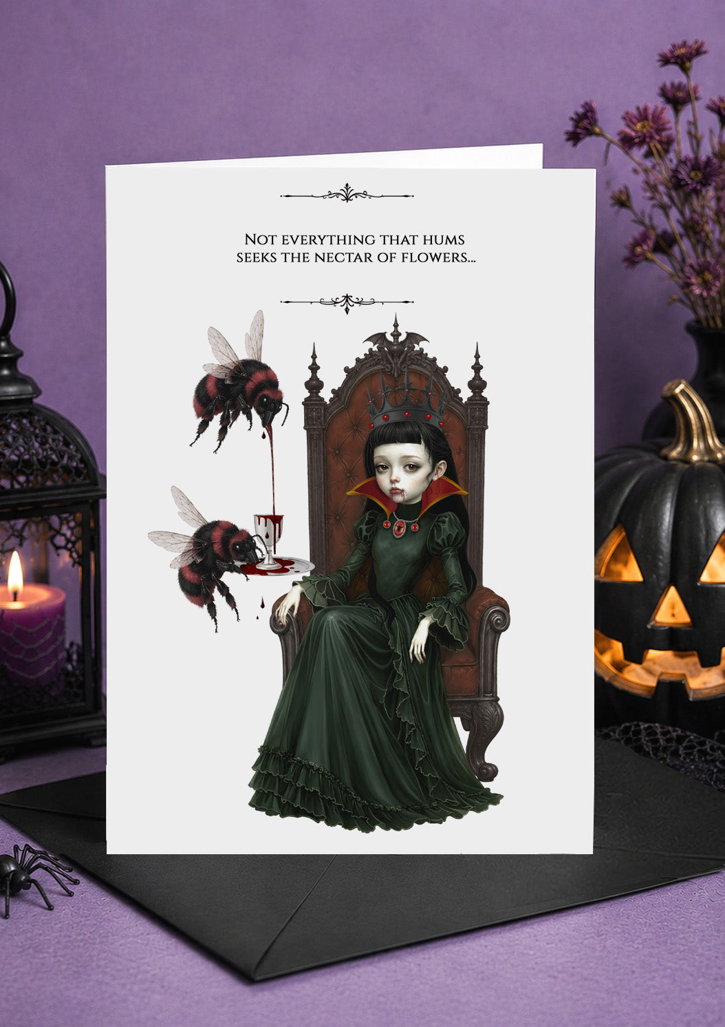 Crimson Honey gothic 5x7 glossy card, dark queen on throne with blood-fed bees