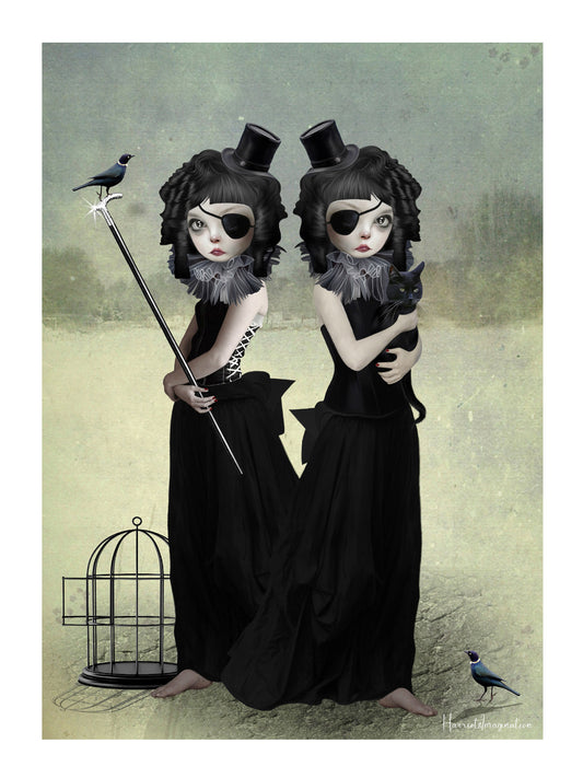Dark Aesthetic Art Print. Featuring two twin sisters, one as a black cat and the other surrounded by pet blackbirds.