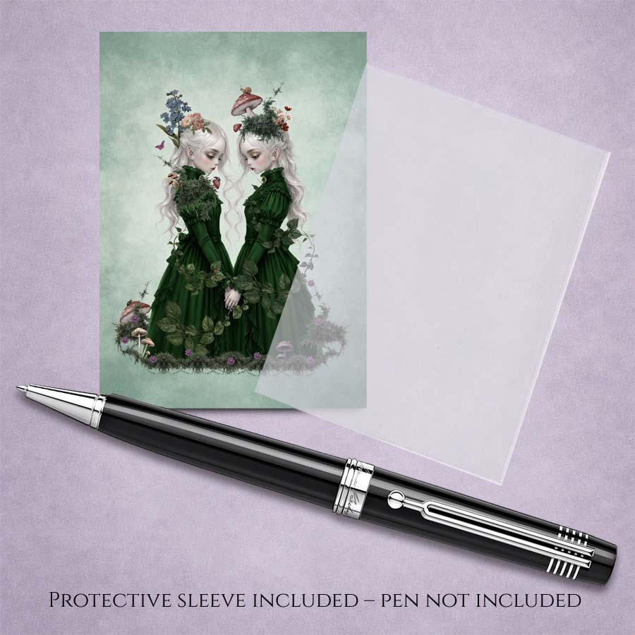 ACEO art card print and protective sleeve featuring two ethereal twin girls with white hair in dark green Victorian dresses