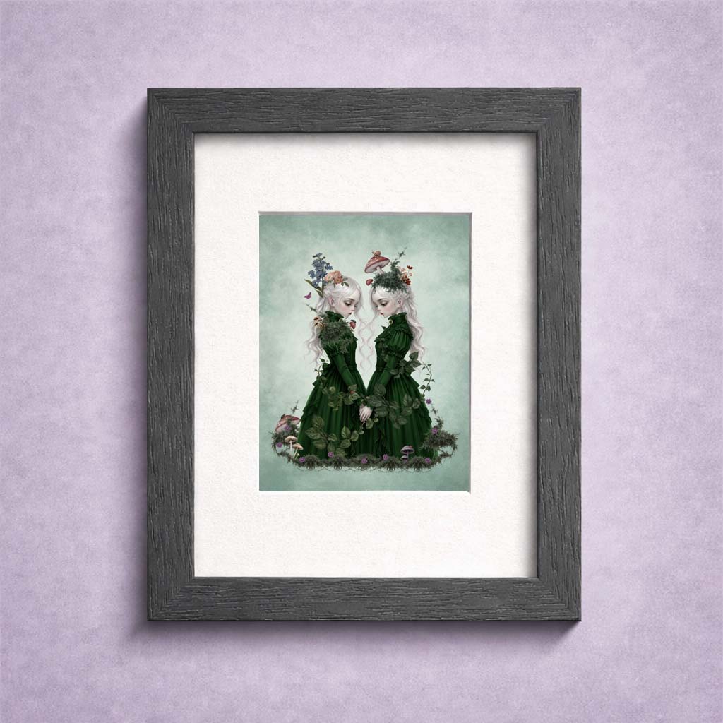 Framed ACEO art card print featuring two ethereal twin girls with white hair in dark green Victorian dresses.