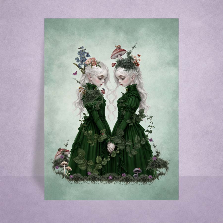 This dark cottagecore fantasy ACEO art card features ethereal twins, mossy details, and gothic nature vibes.