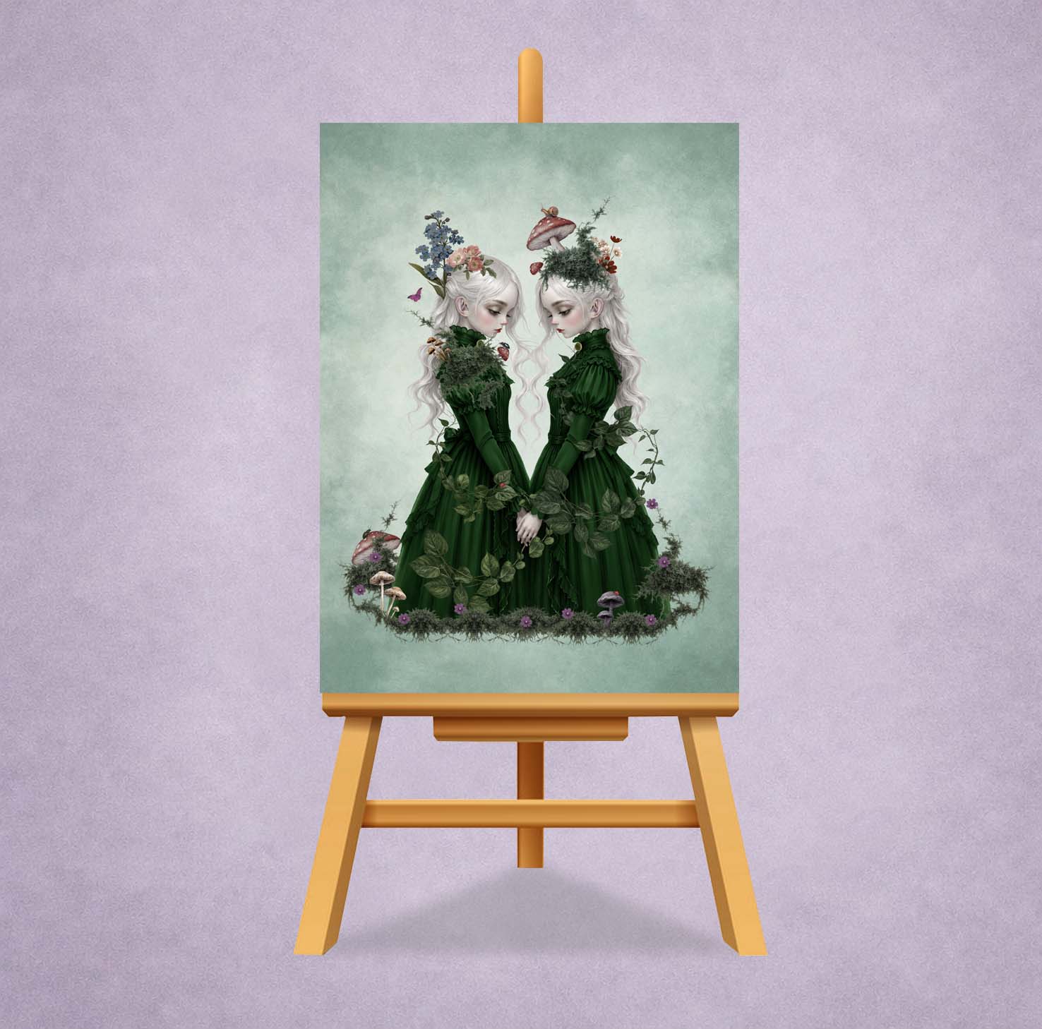 2.5 by 3.5 inch ACEO art card print on a Miniature display stand featuring two ethereal twin girls with white hair in dark green Victorian dresses.