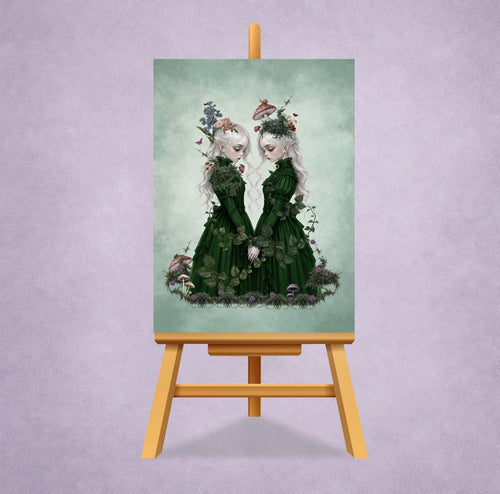 2.5 by 3.5 inch ACEO art card print on a Miniature display stand featuring two ethereal twin girls with white hair in dark green Victorian dresses.