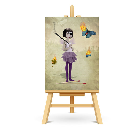 Dark Fantasy ACEO card featuring a fairy and matchstick, displayed in a small stand.