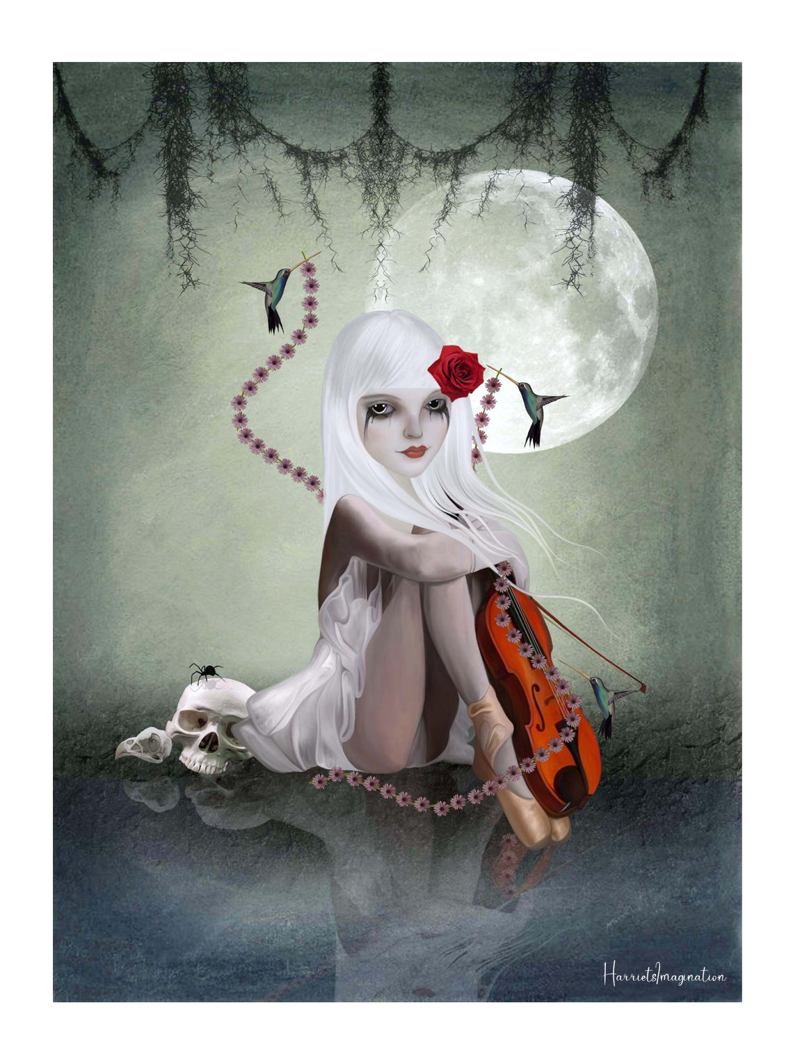Unframed dark fantasy art print featuring a mysterious girl violinist with a skull. Perfect for gothic decor, fantasy lovers, and music enthusiasts.