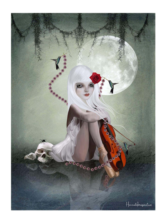 Unframed dark fantasy art print featuring a mysterious girl violinist with a skull. Perfect for gothic decor, fantasy lovers, and music enthusiasts.