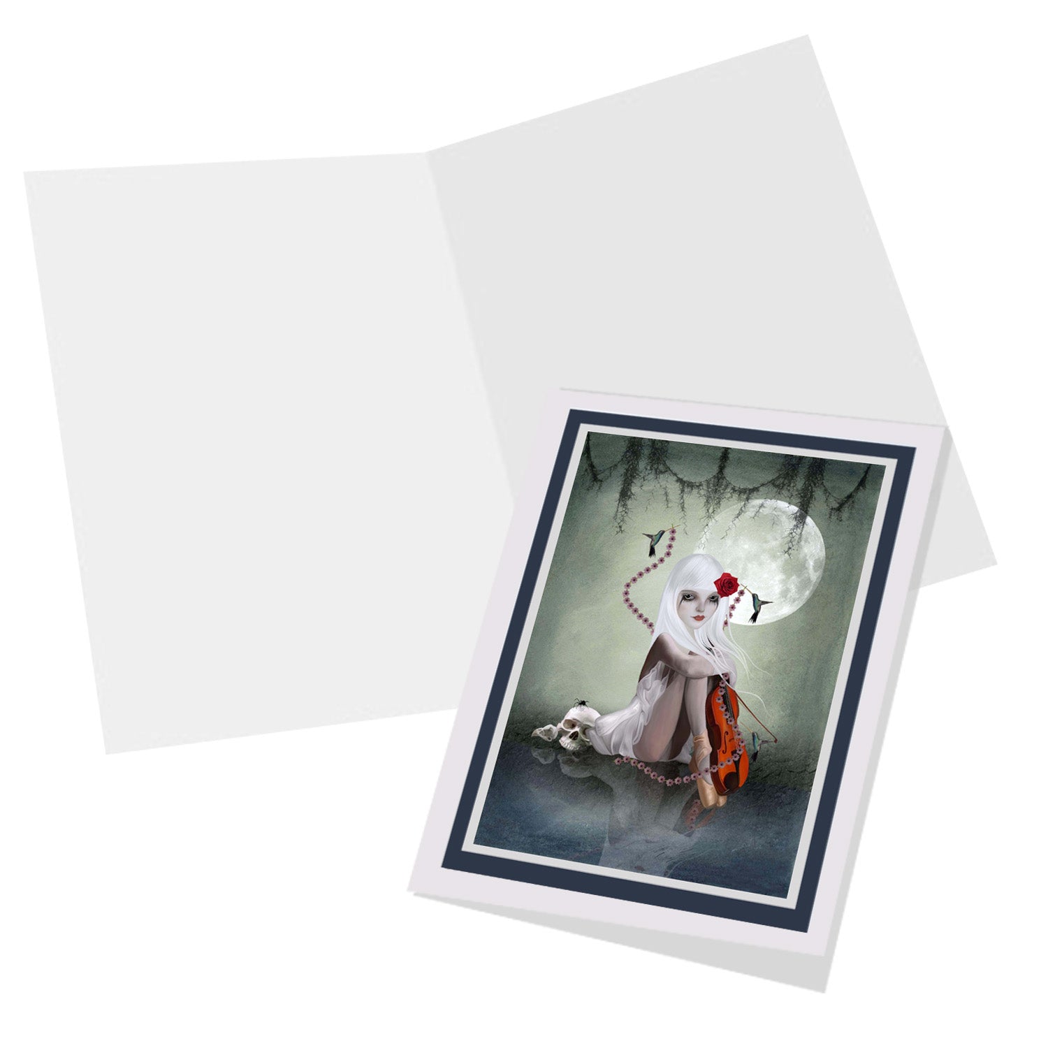 Inside view of a dark fantasy greeting card featuring a girl with a skull. The card is blank inside, allowing for a personalized message.