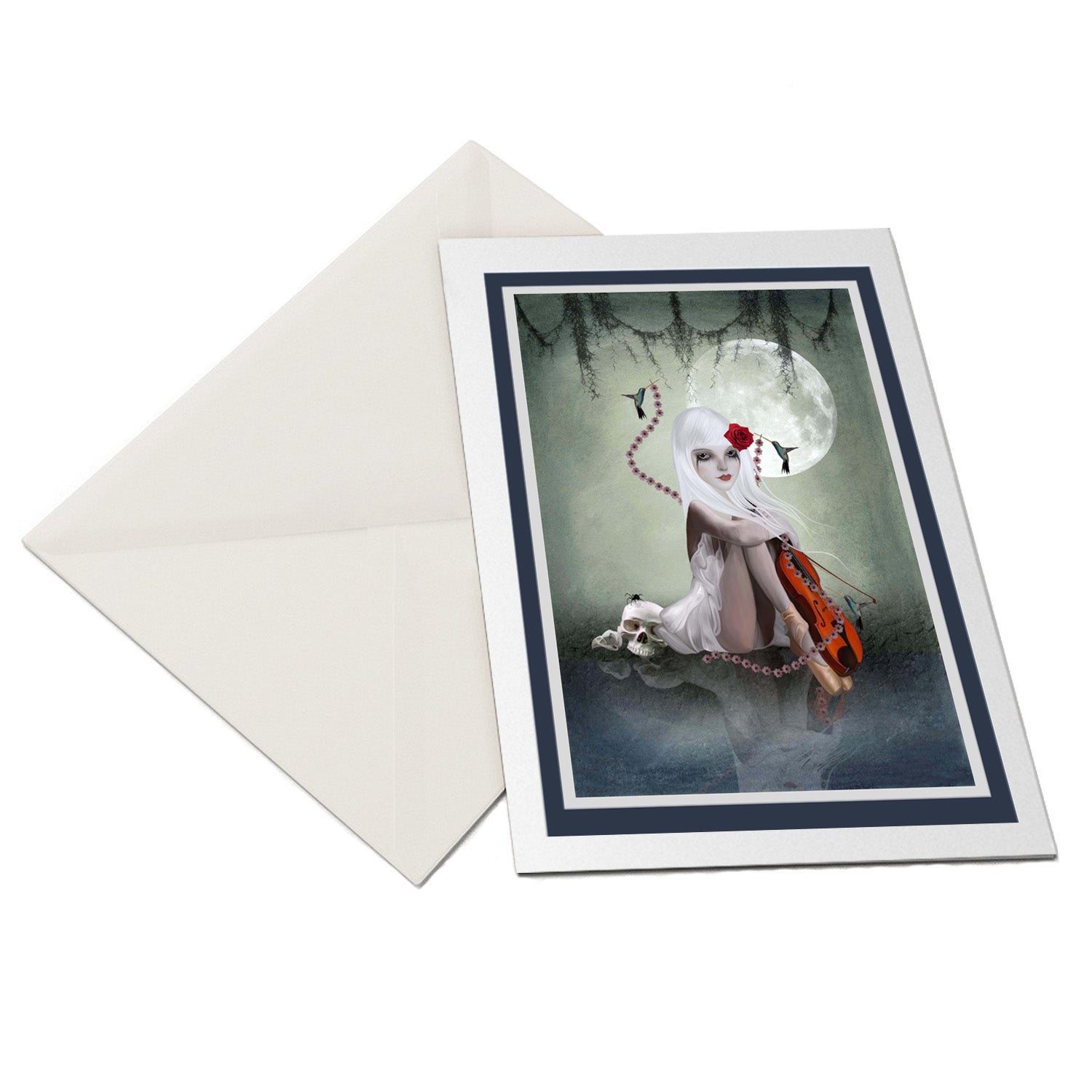 Flat lay of a dark fantasy greeting card featuring a girl with a skull. A gothic art card perfect for collectors, special occasions, or decor.
