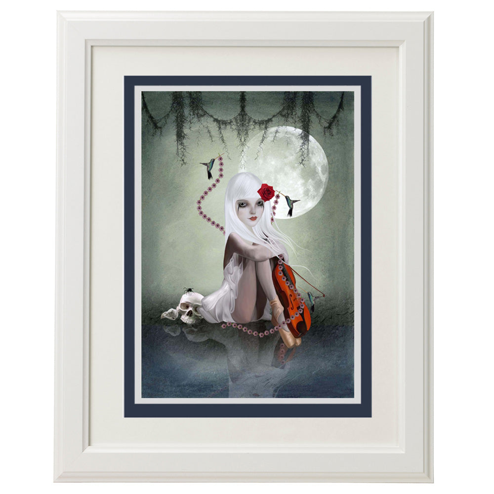 Dark fantasy greeting card featuring a girl with a skull, framed for display. A unique gothic art piece perfect for collectors and decor.